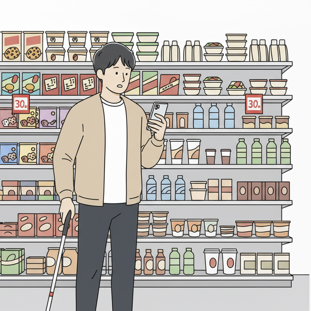 コンビニでおにぎりを拡大している白杖の人