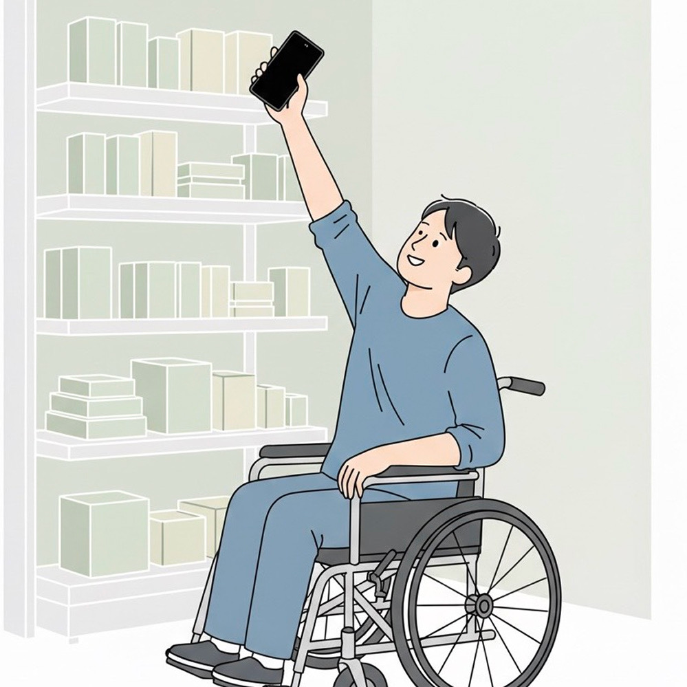 高い棚の商品を手を挙げてスマホで写真を撮っている車椅子の人
