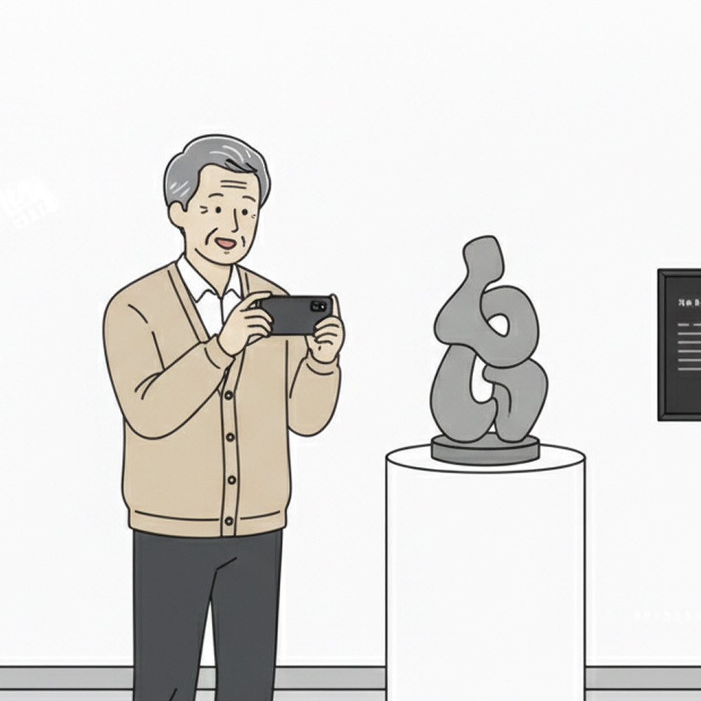 美術館で作品をアプリで見ているおばあちゃん